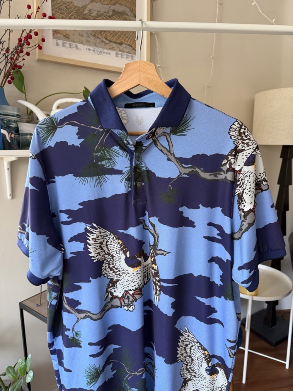 Greyson Blue and Navy Eagle Print Golf Performance Polo
